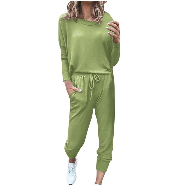 Moocorvic Ensemble de Jogging 2 Pcs pour Femmes, Chandails en Molleton à Col Rond Couleur Unie pour Femmes, Chandail Irrégulier à Manches Longues, Ensemble Confortable de Vêtements de Sport pour Femmes