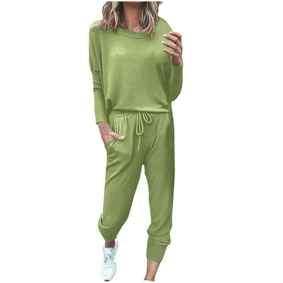 2 Piece Sets for Women Fall Plus Size Loose Two-piece Sets Solid Long Sleeve Tops Casual Pants Sweatsuit