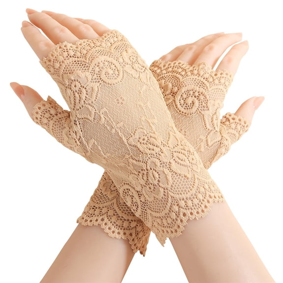 2 pairs Women's Short Lace Gloves Fingerless for Driving Wedding Wrist Length Bridal Prom Gloves(skin color)