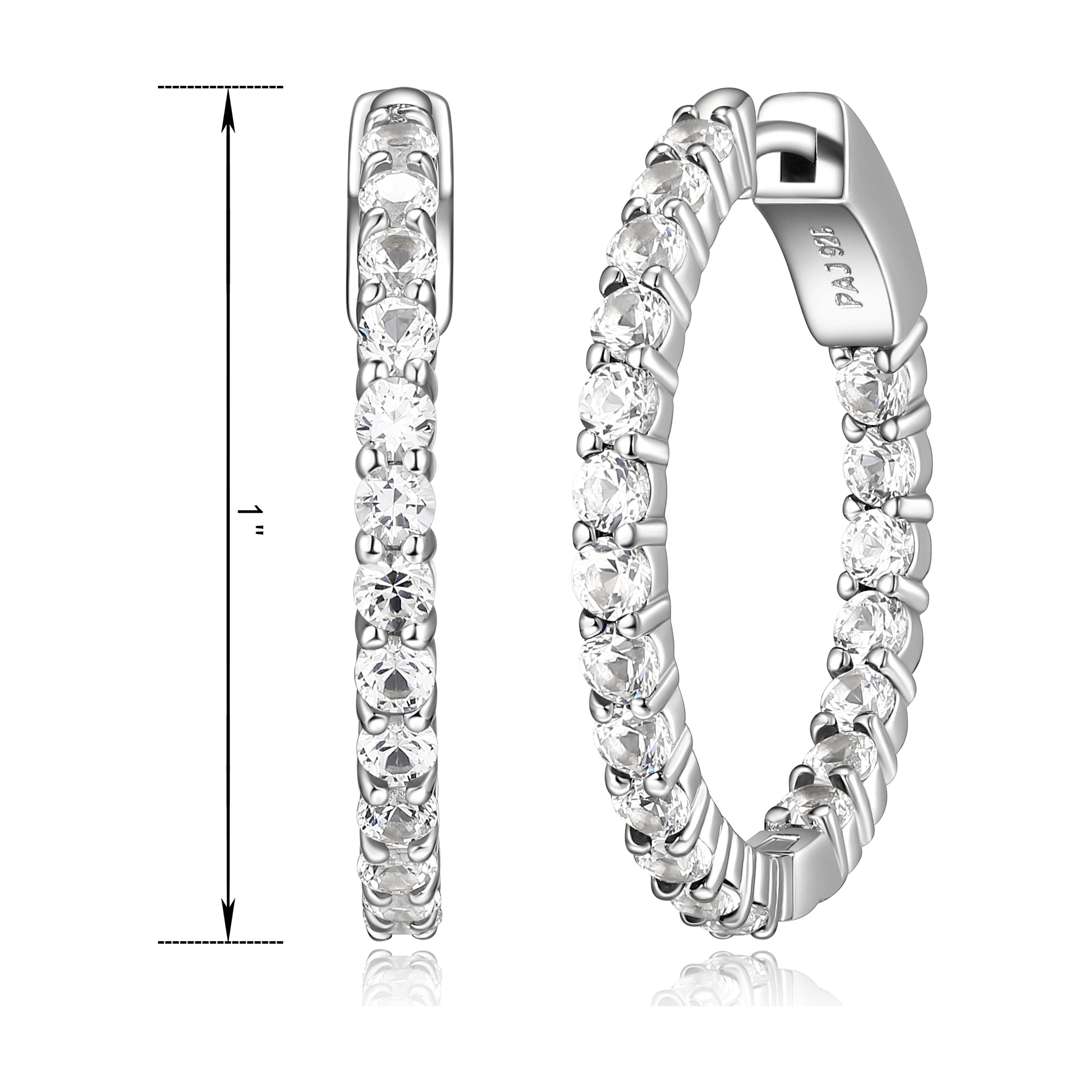 Forever Facets Jewelry Platinum over Sterling Silver Created White Sapphire Hoop Earrings Jewelry with Black Velvet Pouch and Box