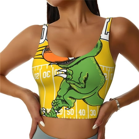Qokaie T-Rex Playing Football Pattern Womens Scoop Neck Sports Bra Breathable Workout Vest Padded U Back Medium Impact Fitness Gym Yoga Bra Workout Crop Top-XX-Large