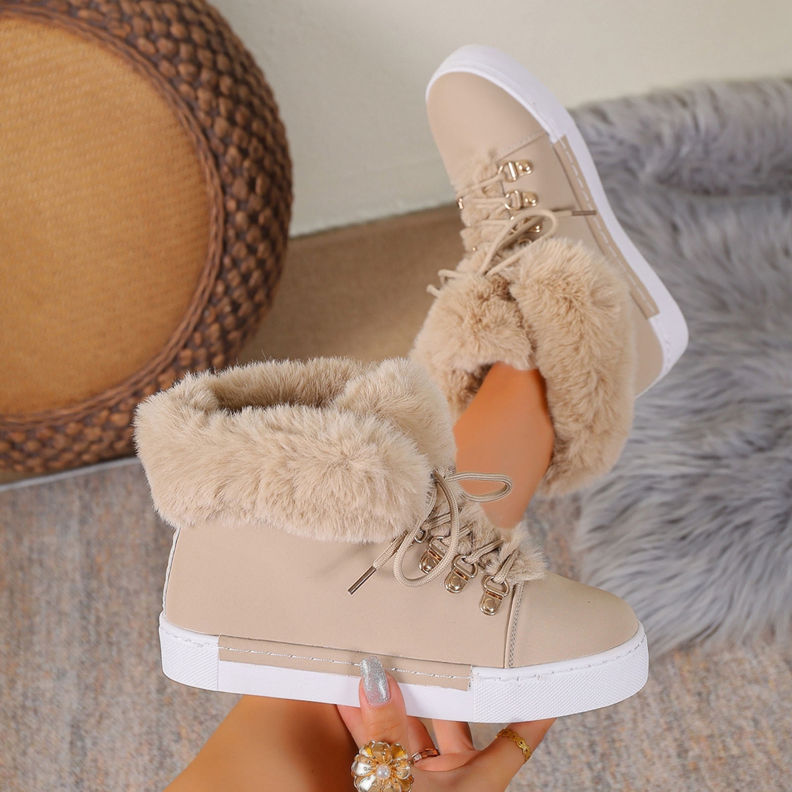 Dasayo Hiking Ladies Boots Ankle Yellow Furry Winter Faux Leather Lace up Flat Heel Shoes Shoes for Women 42