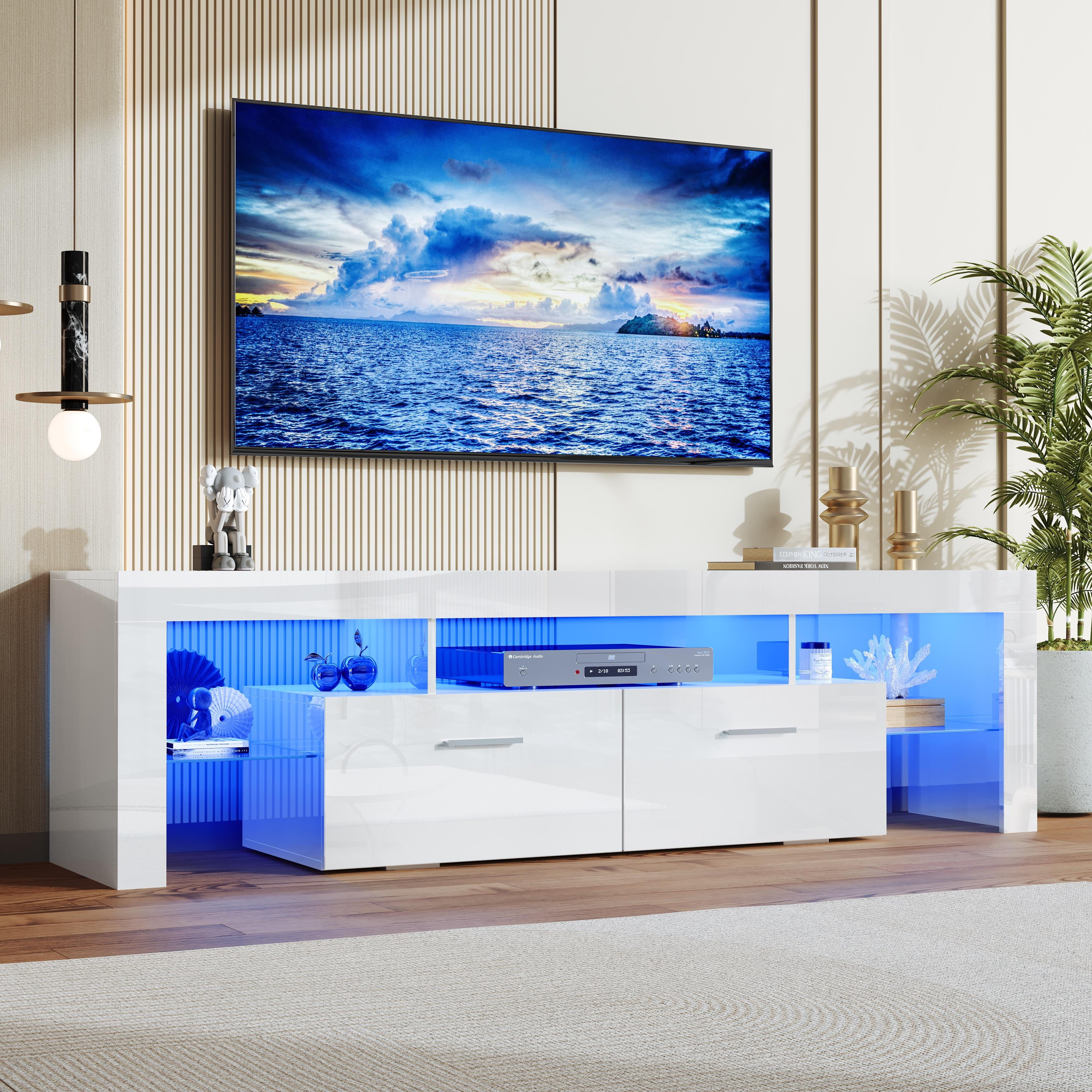 PAPROOS TV Stand for TVs up to 80", High Gloss TV Cabinet with LED Light, Modern TV Console Table with Storage Drawers, Media Television Stand Entertainment Center, White
