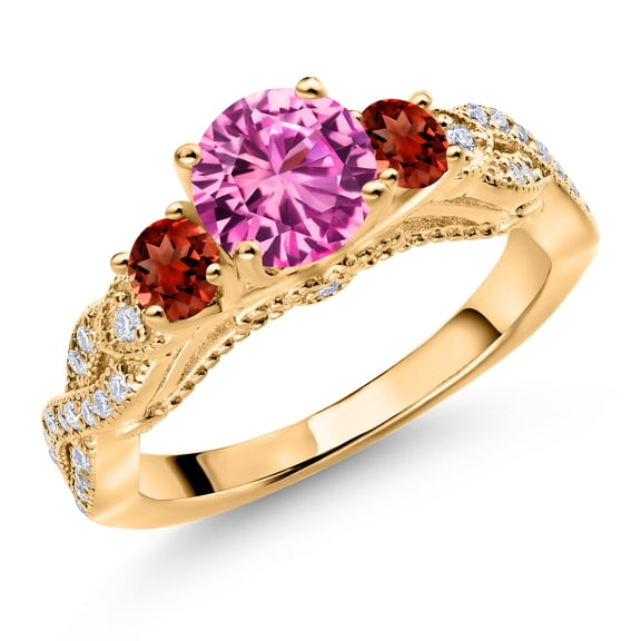 Gem Stone King 18K Yellow Gold Plated Silver Pink Created Sapphire Red Garnet and White Moissanite Engagement Ring for Women (1.57 Cttw, Gemstone September Birthstone, Round 6MM and 3MM, Size 8)
