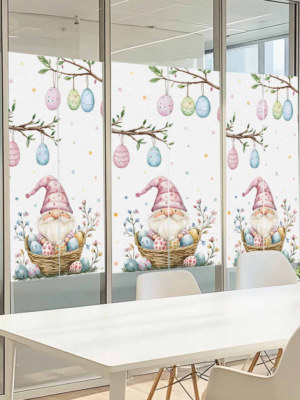 Easter Basket Gnome Window Privacy Film, Vintage Pink Blue Egg Branch Spring Pink Blue Floral Frosted Glass Window Clings Static Cling Heat Blocking Reusable Door Sticker for Bedroom 23.6x78.7 Inch