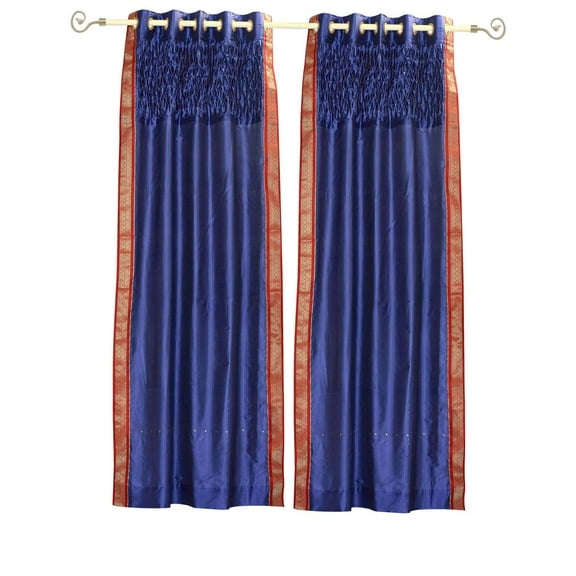 Lined-Blue Grommet Sheer Sari Curtain Panel beaded hand design-43Wx63L-Piece