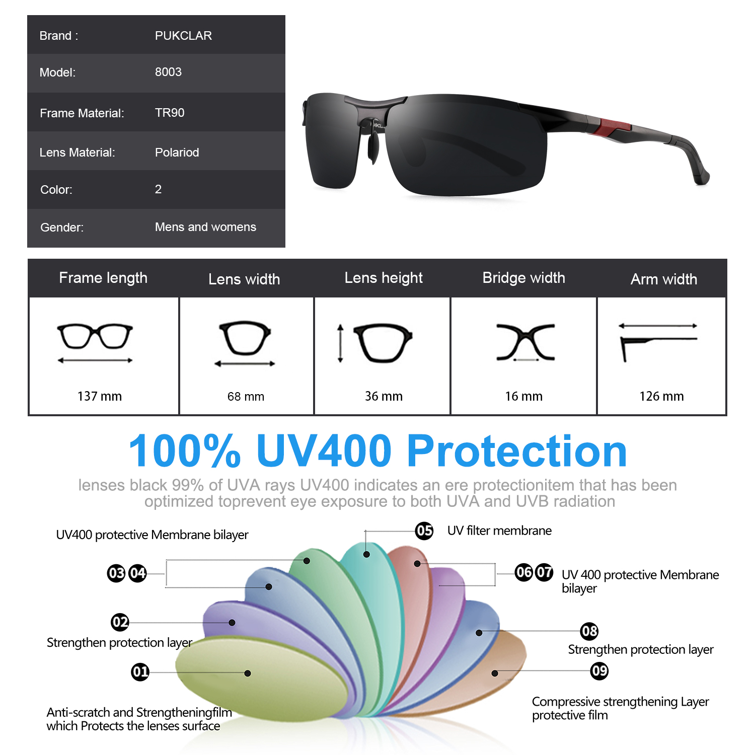 PUKCLAR Polarized Metal Alloy Sport Sunglasses, Black photo 5