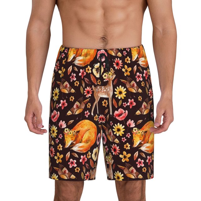 Fotbe Woodland Creatures Floral Pantalones Cortos de Pijama para Hombre, Ropa de Dormir, Pantalones de Pijama Cortos para Hombre-Large