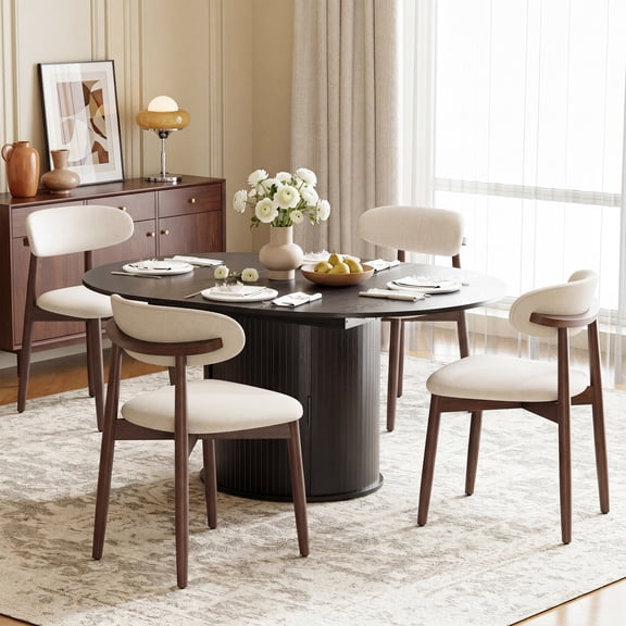 AFO 5 Pieces Extendable Dining Table Set for 4, 47"-63" Round to Oval Wood Kitchen Table with 4 Upholstered Chairs, Space-Saving Drop Leaf Kitchen Table for Small Spaces, Black
