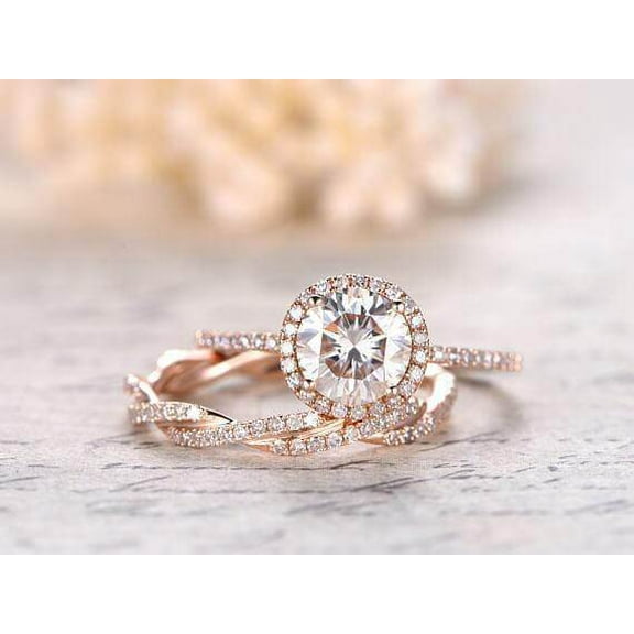 Art deco 2.50 Carat Halo Moissanite Diamond Wedding Ring Set with 18k Gold Plating