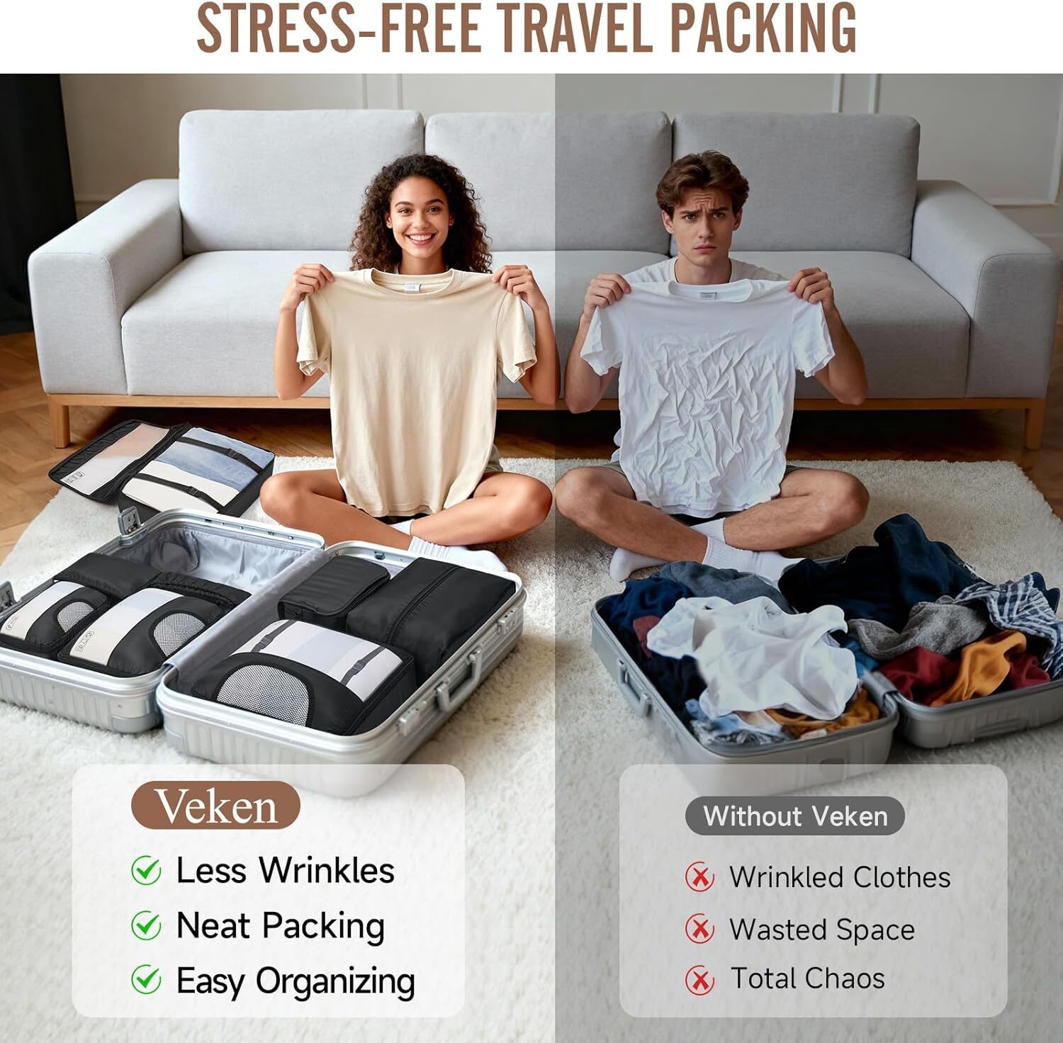 VEKEN 8 Set Packing Cubes for Travel, Beach Vacation Essentials Accessories, Suitcase Organizer Bags for Luggage with Hanging Toiletry & Shoe Bag, Birthday Gifts for Women Mom Her