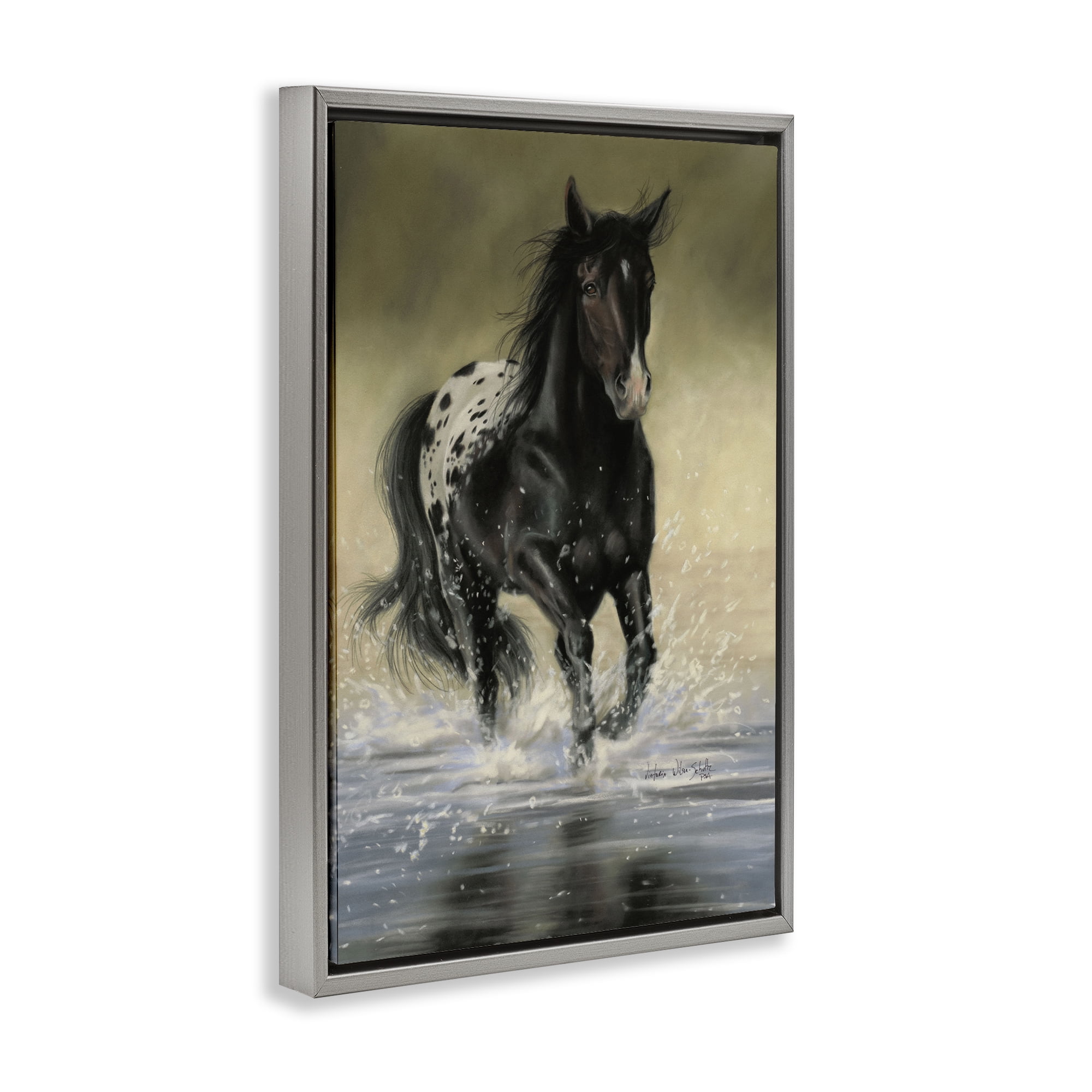 Stupell Industries Splashing Galloping Horse Animals & Insects Painting Gray Floater Framed Canvas Art Print Wall Art, 21 x 31