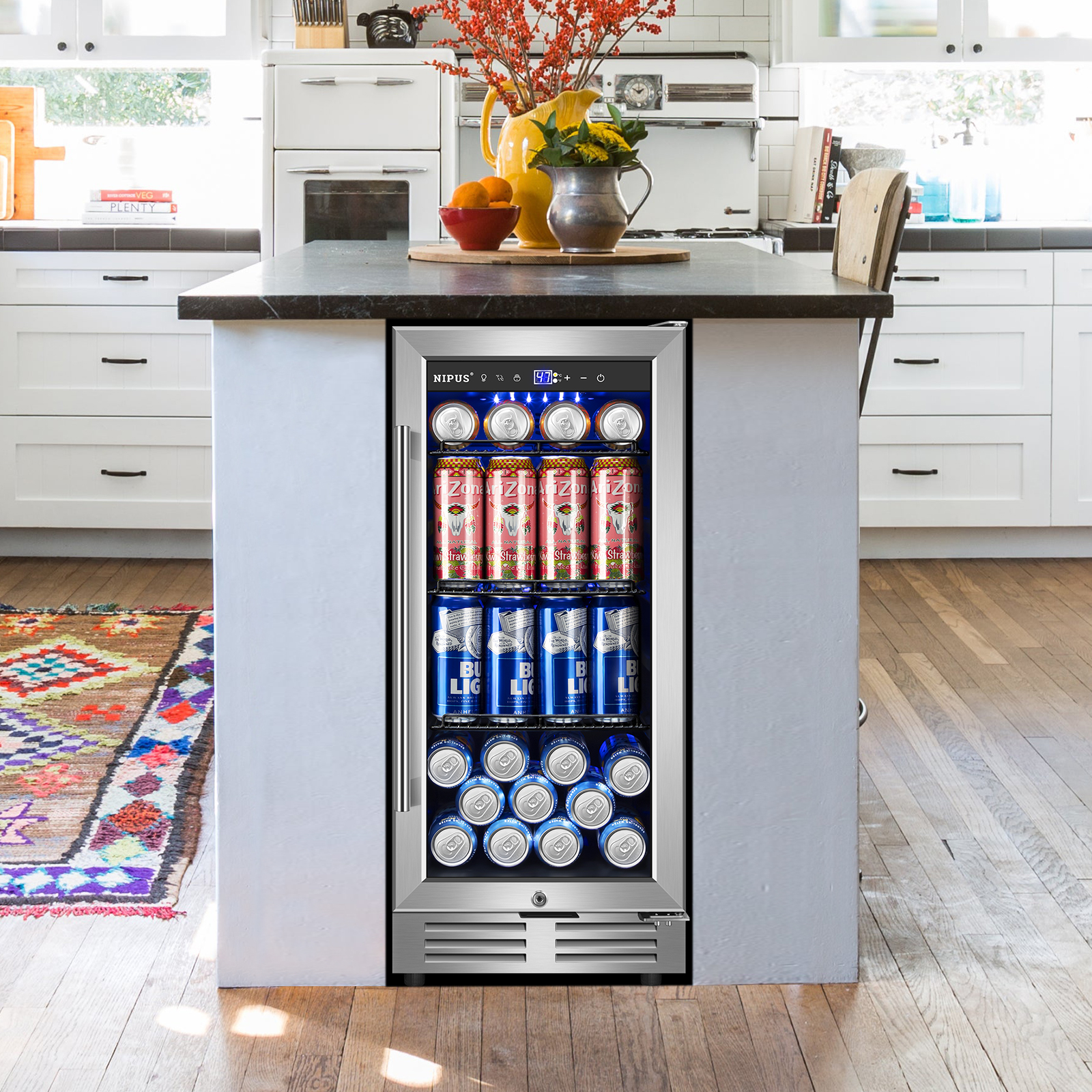 Nipus 15 inch 130 Can Beverage Fridge,Freestanding Built-in Wine Cooler with Glass Door