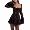 thumbnail image 3 of Robe à Encolure Carrée pour Femmes Manches Longues Manches Trapèze Courte Mini Robes Noir G, 3 of 10