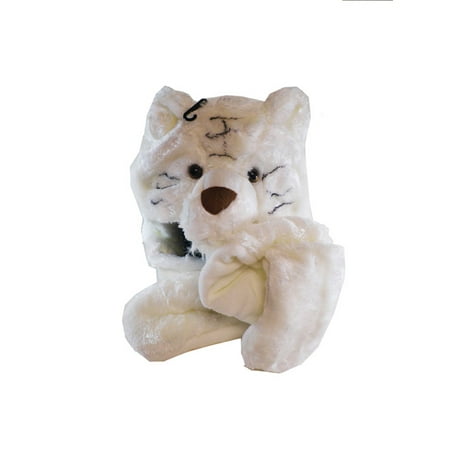Plush White Tiger Animal Hat - White Tiger Hat with Ear Flaps and Hand Pockets