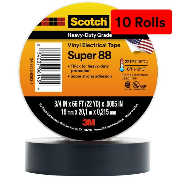 3M Scotch Vinyl Electrical Tape Super 88, 3/4 in x 66 ft, Black, 10 Rolls, Premium Grade, Rubber Resin Adhesive, PVC Backing, All-Season Heavy Duty Electric Tape