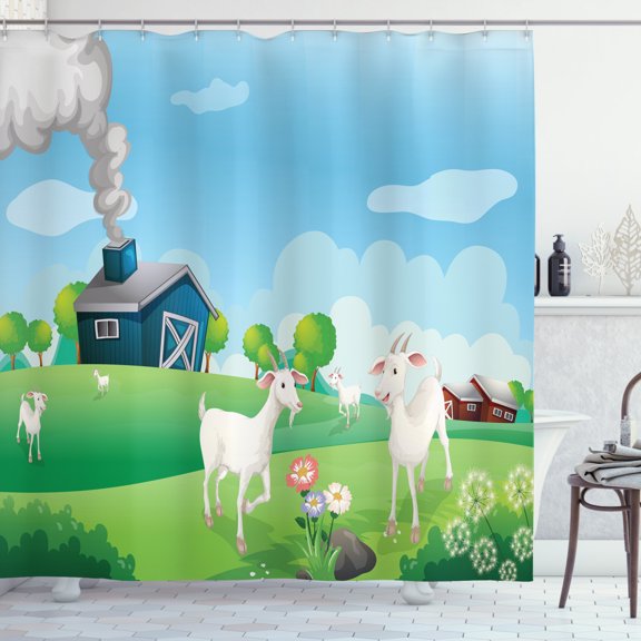 Farmhouse Shower Curtain, Pleasant Farm Life Illustration with Colorful Houses Green Meadows Happy Goats, Fabric Bathroom Set with Hooks, 69W X 70L Inches, Multicolor, by Ambesonne