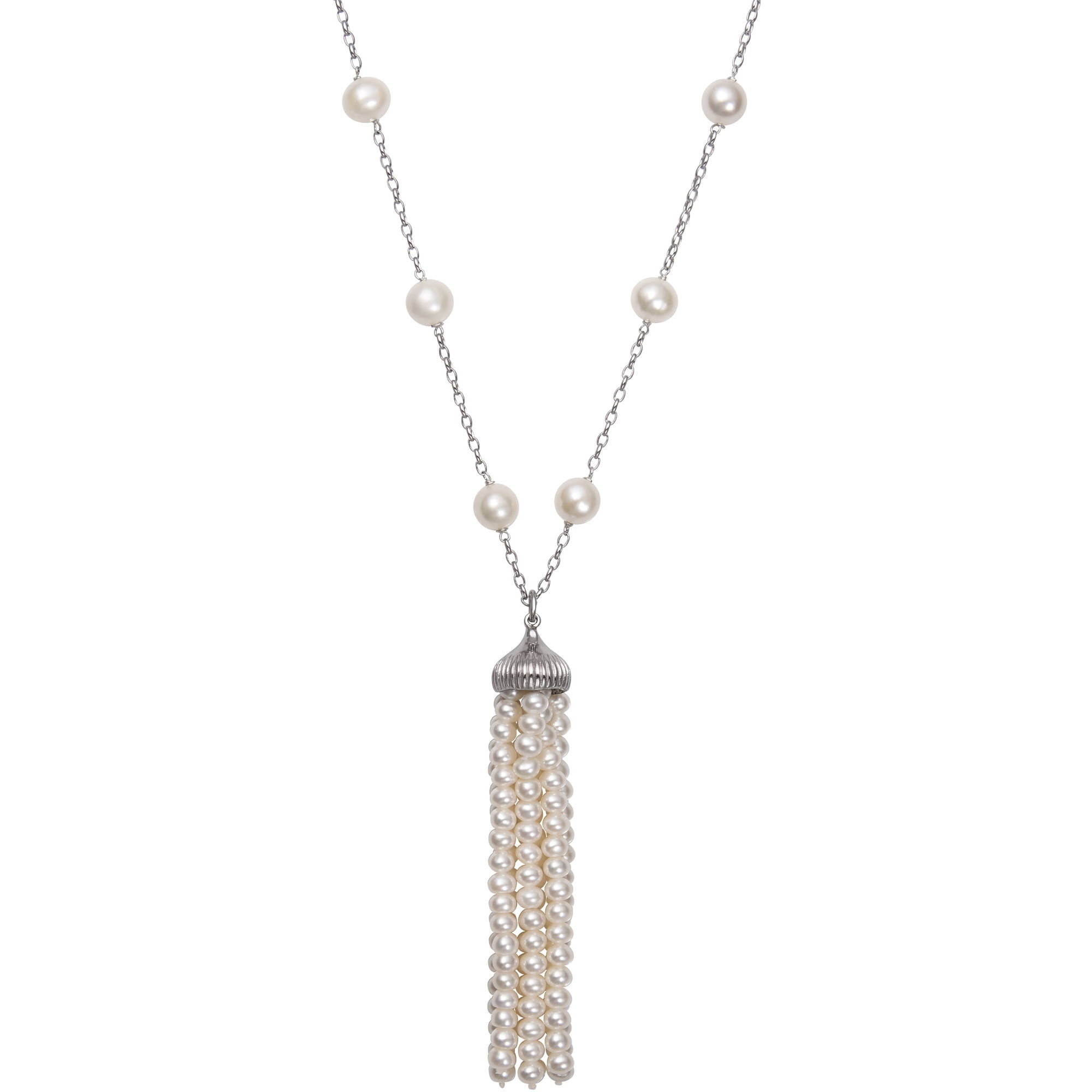 7-8mm Cultured Freshwater Pearl Sterling Silver Tassel Tin Cup Necklace, 36" by China Pearl
