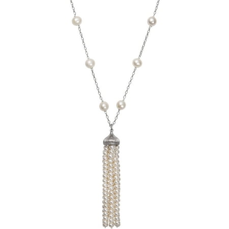 7-8mm Cultured Freshwater Pearl Sterling Silver Tassel Tin Cup Necklace, 36