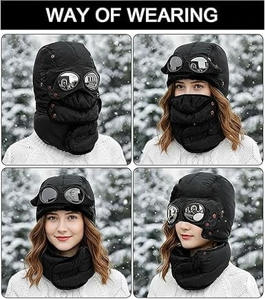 Winter Thermal Trapper Hat with Goggles & Face Mask, Full Coverage Pilot Style Ski Hat for Men & Women – Windproof Cold Weather Hat for Skiing(1pcs-black)