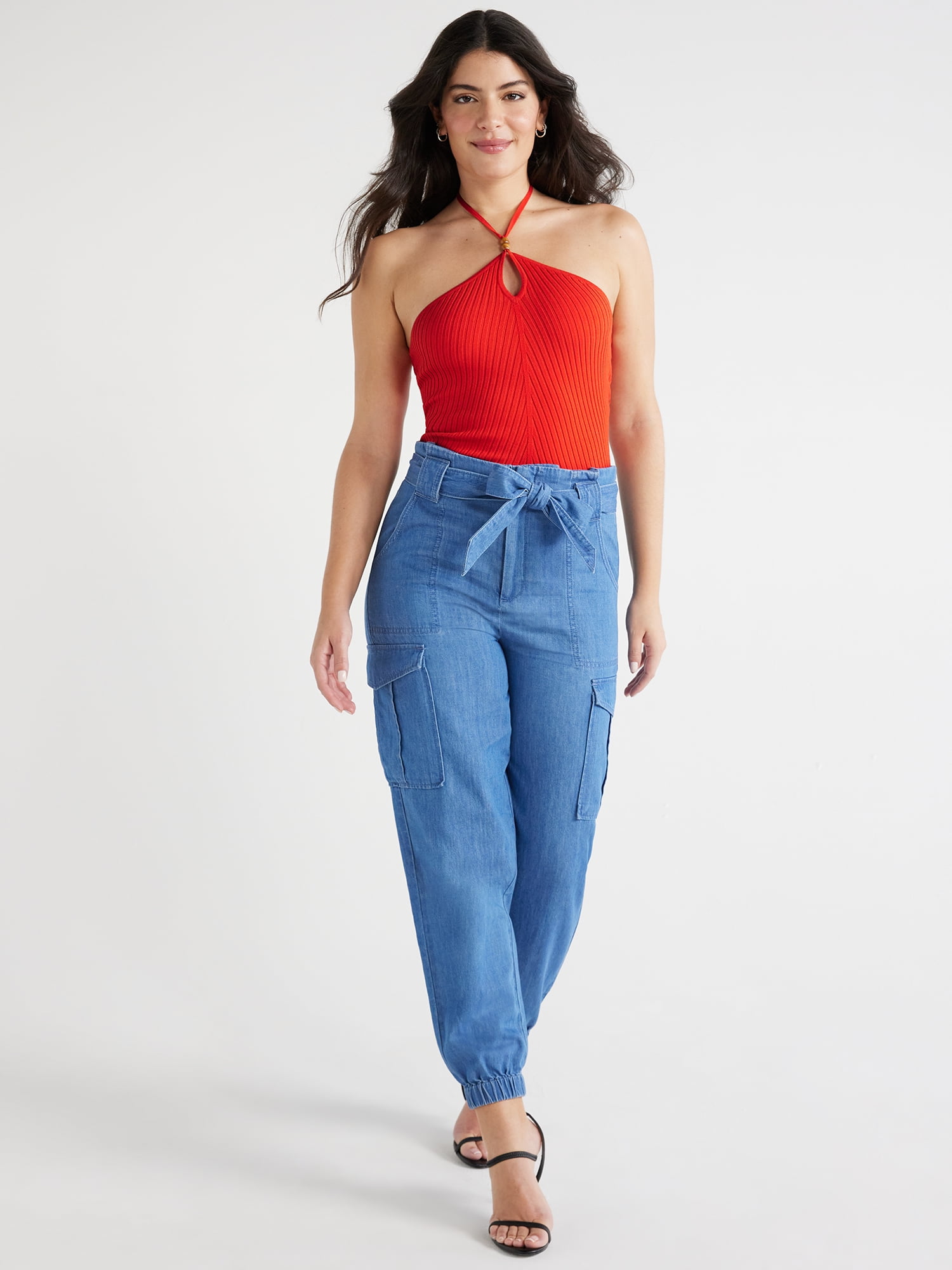 Sofia Jeans Women's Sleeveless Ribbed Halter Top with Tie