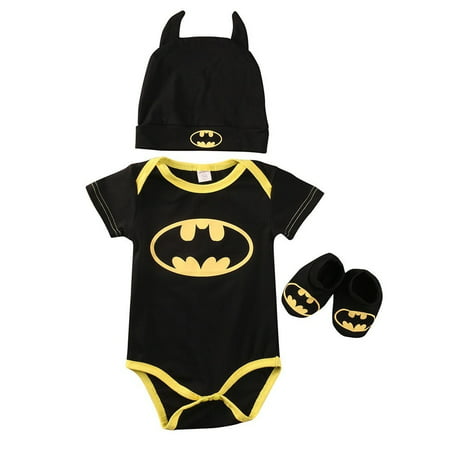 Newborn Baby Boy Batman Short Sleeve Romper Bodysuit+Shoes+Hat Clothes 3Pcs Outfits Set 0-24M