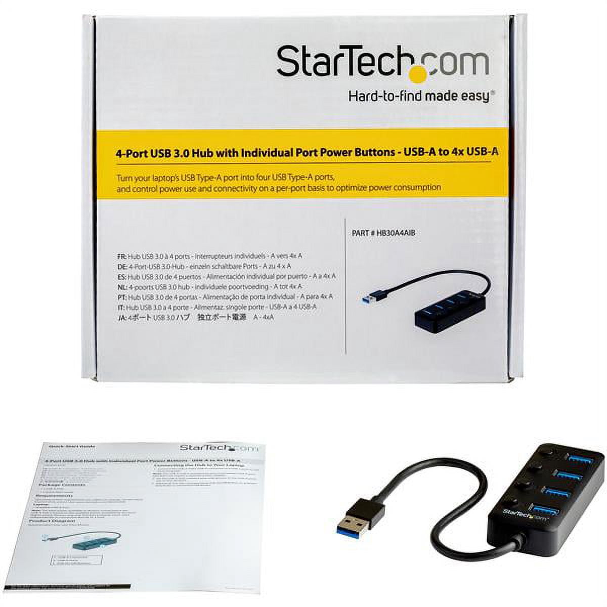 Startech.com 4 Port 3.0 Hub, Type-a To 4x 3.0 Type-a With Individual On/off Port Switches, Superspeed 5gbps 3.1/3.2 Gen 1, Bus Powered, Portable, 9.8" Attached Cable -