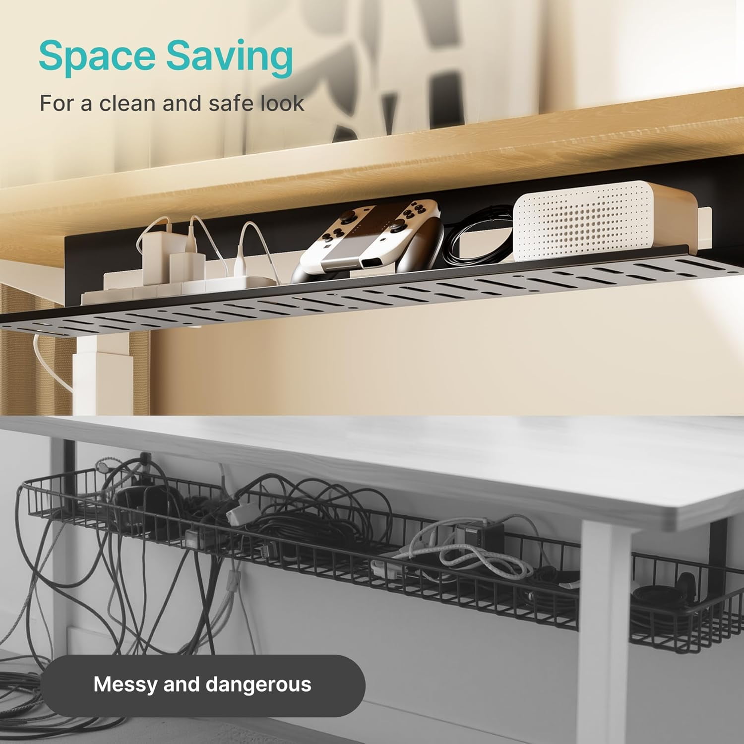 Under Desk Cable Management Tray, 31.5" Metal Cord Organizer Rack for Power Strips, Wires & Chargers, Easy Mounting Desk Tray for Home Office, Black