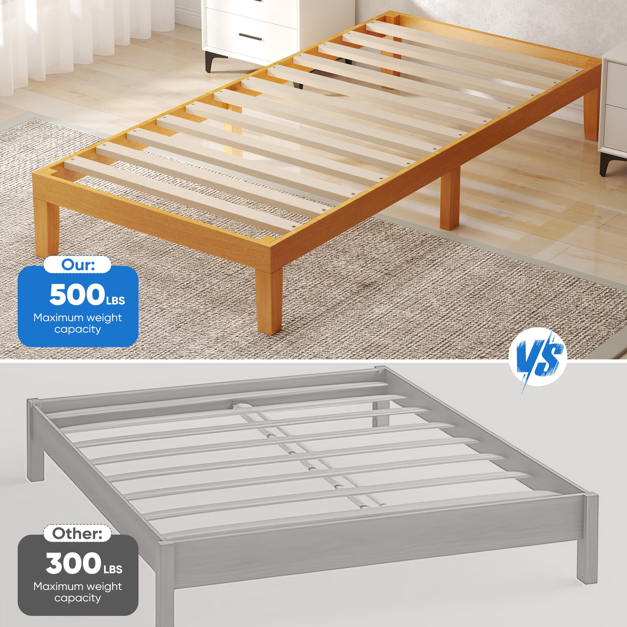 EDX Twin Size Wood Bed Frame,  No Spring Needed, 12in Wooden Platform Bed Frame Mattress Foundation with Support Slats,  Natural Pine