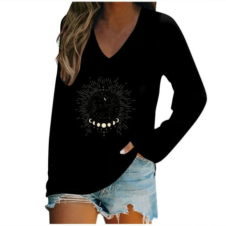 

Ziloco Long Sleeve V-Neck Blouses & Shirts Blouses for Women Fashion Fashion Women Casual V Neck Fun Printing Long Sleeved T Shirt Tops Corset Tops for Women