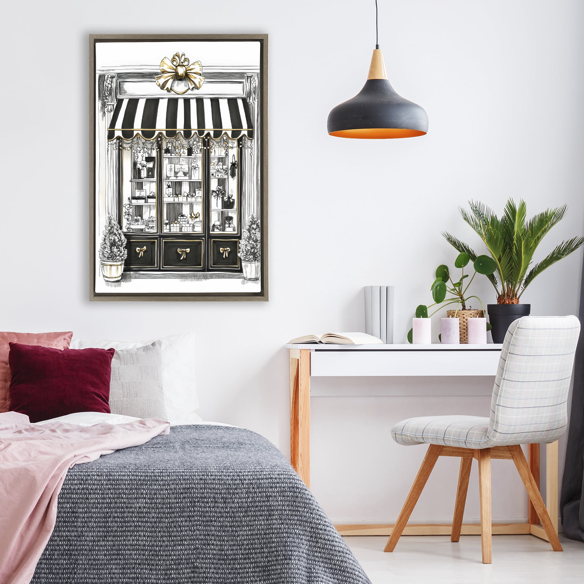 Stupell Industries Striped Paris Shop Facade Brown Framed Floater Canvas Wall Art, design by Petal Prints Design