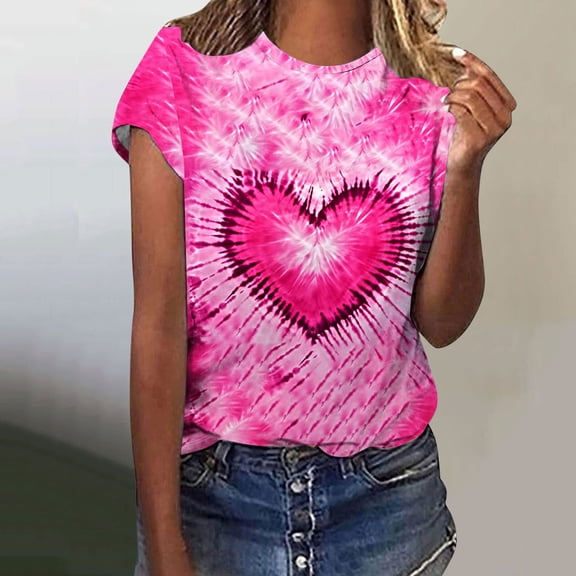 Fartey Valentine's Day T-Shirt for Women Plus Size Short Sleeve Crew Neck Holiday Shirts Cute Heart Graphic Tees Fashion Valentines Party Tops Pink L