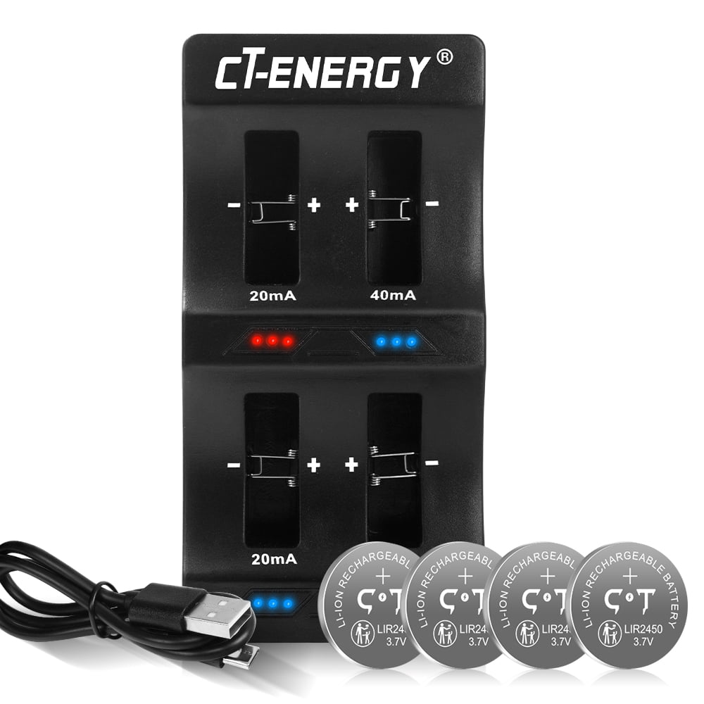CT-ENERGY Rechargeable Cr2450 Batteries 4 Pack with Lithium Coin Button Battery Charger Kit,3.7V Lir2450 Battery High Capacity 120mAh