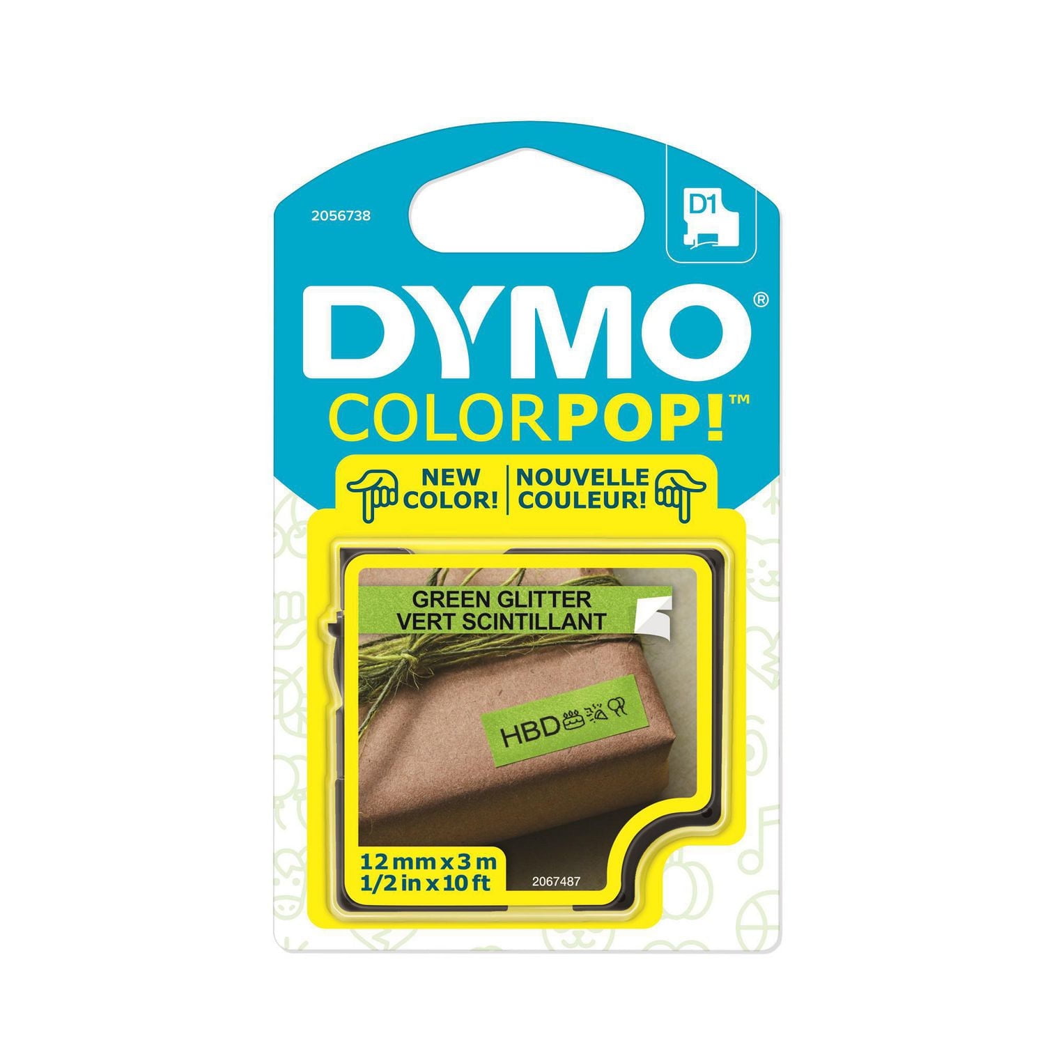 DYMO COLORPOP D1 Tape, Green Glitter Label with Black Type , 1/2in x 10ft