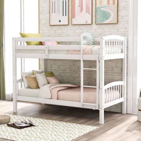 Yipa Wood Low Bed Frame Twin Over Twin Kids Bunk Bed Bunk Bed with Ladder & Guardrail White
