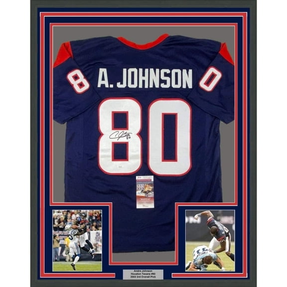 Framed Autographed/Signed Andre Johnson 35x39 Houston Blue Football Jersey JSA COA