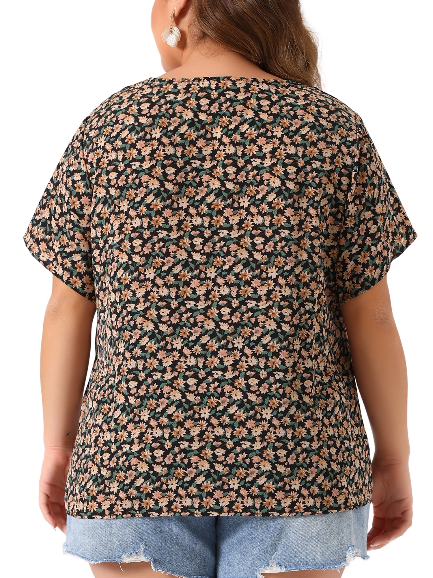 Unique Bargains Women's Plus Size V Neck Button Short Sleeve Floral Shirts 4X Black