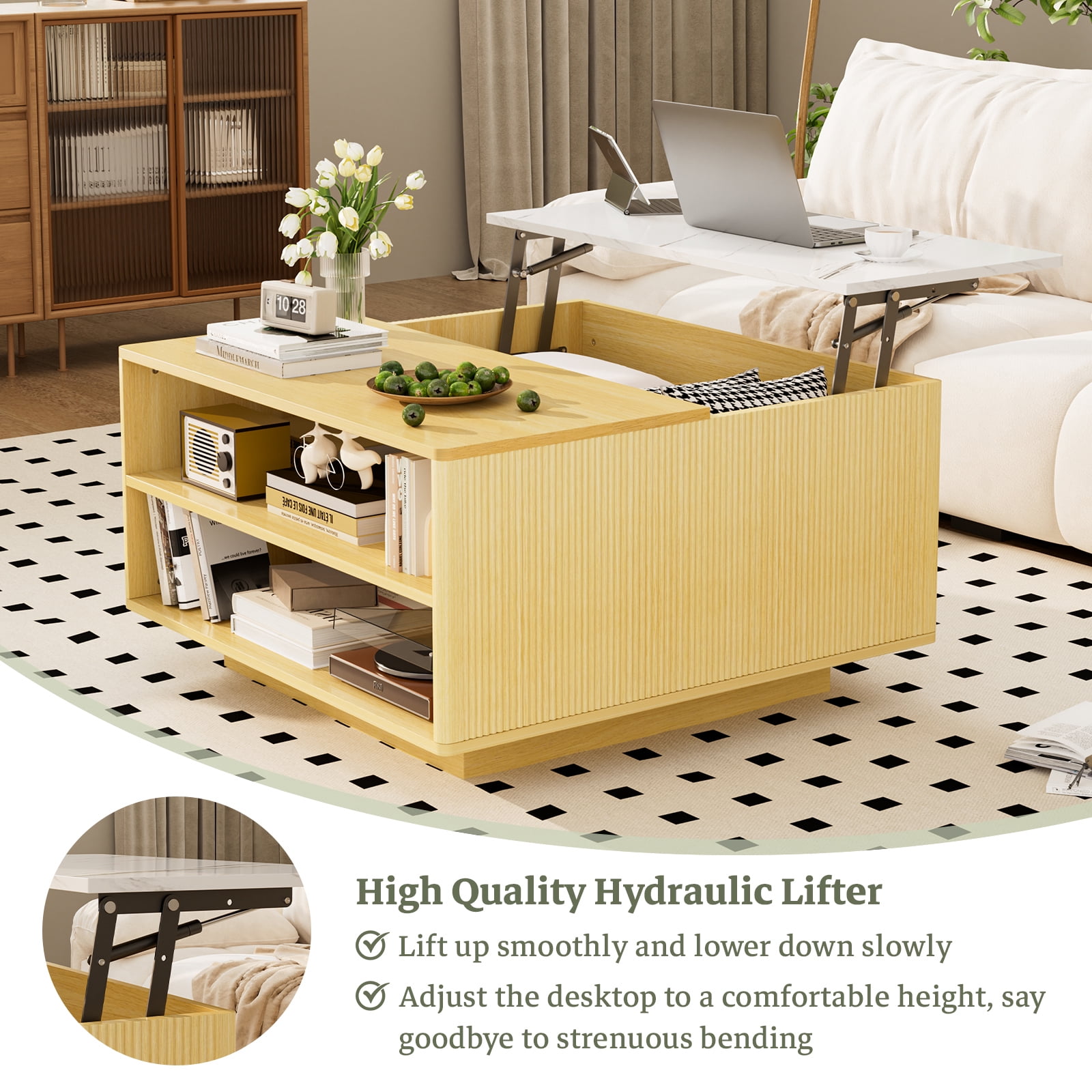 Hommoo Lift Top Coffee Table, Wooden Faux Marble Console Table with Storage, 24-Color LED Lights, Wireless Charging and Bluetooth Speaker, White