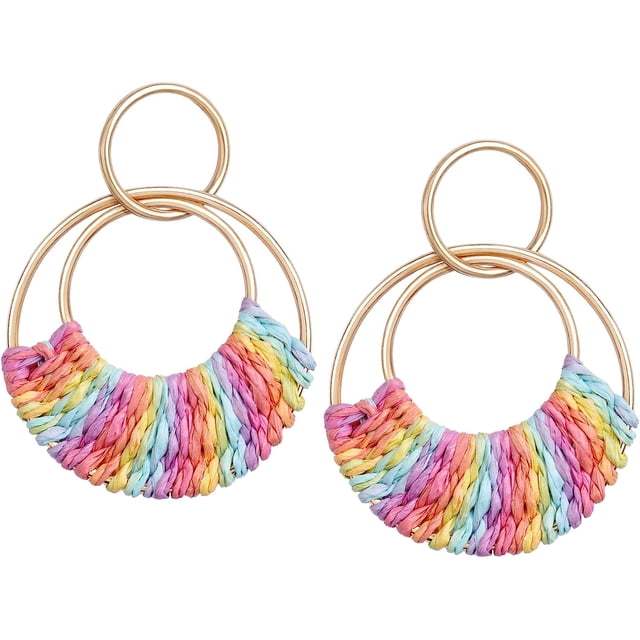 Raffia Hoop Earrings for Women Girls Fun Boho Summer Beach Earrings Lightweight Handmade Straw Wicker Rattan Dangle Earrings Statement Geometric Round Drop Earrings