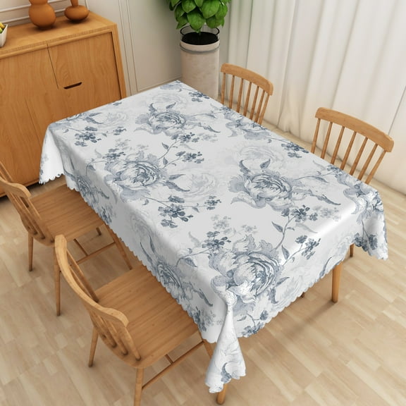 SUNOLIFE Grey Floral Tablecloth Rectangular Rustic Vintage Flowers Table Cloth Cover 54x72 Inch