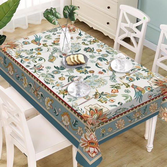 Boho Flower Birds Rectangle Tablecloth 60 x 120 Inches, Blue Bohemian Vintage Floral Decorative Dining Table Cloth, Farmhouse Elegant Dinner Tablecover Picnic Party Decoration