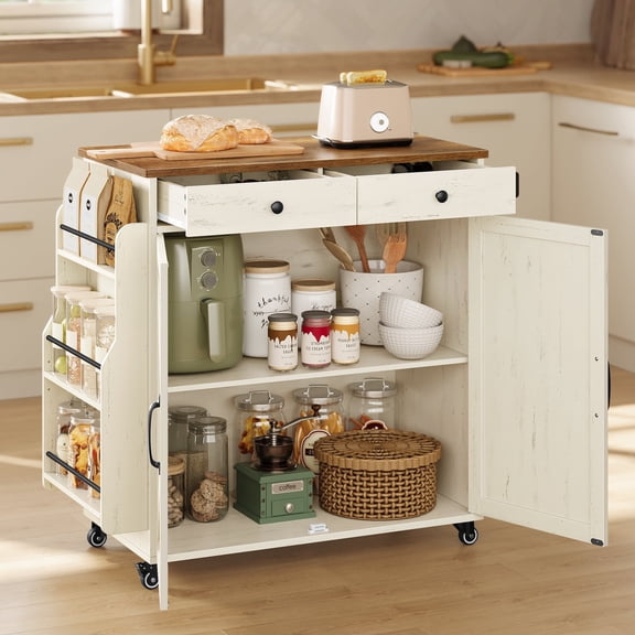 VASAGLE Mobile Kitchen Island,Portable Island with Spice Rack,Mobile Cart with Storage Cabinet,17.7 x 36.5 x 36 Inches,Rustic White and Honey Brown