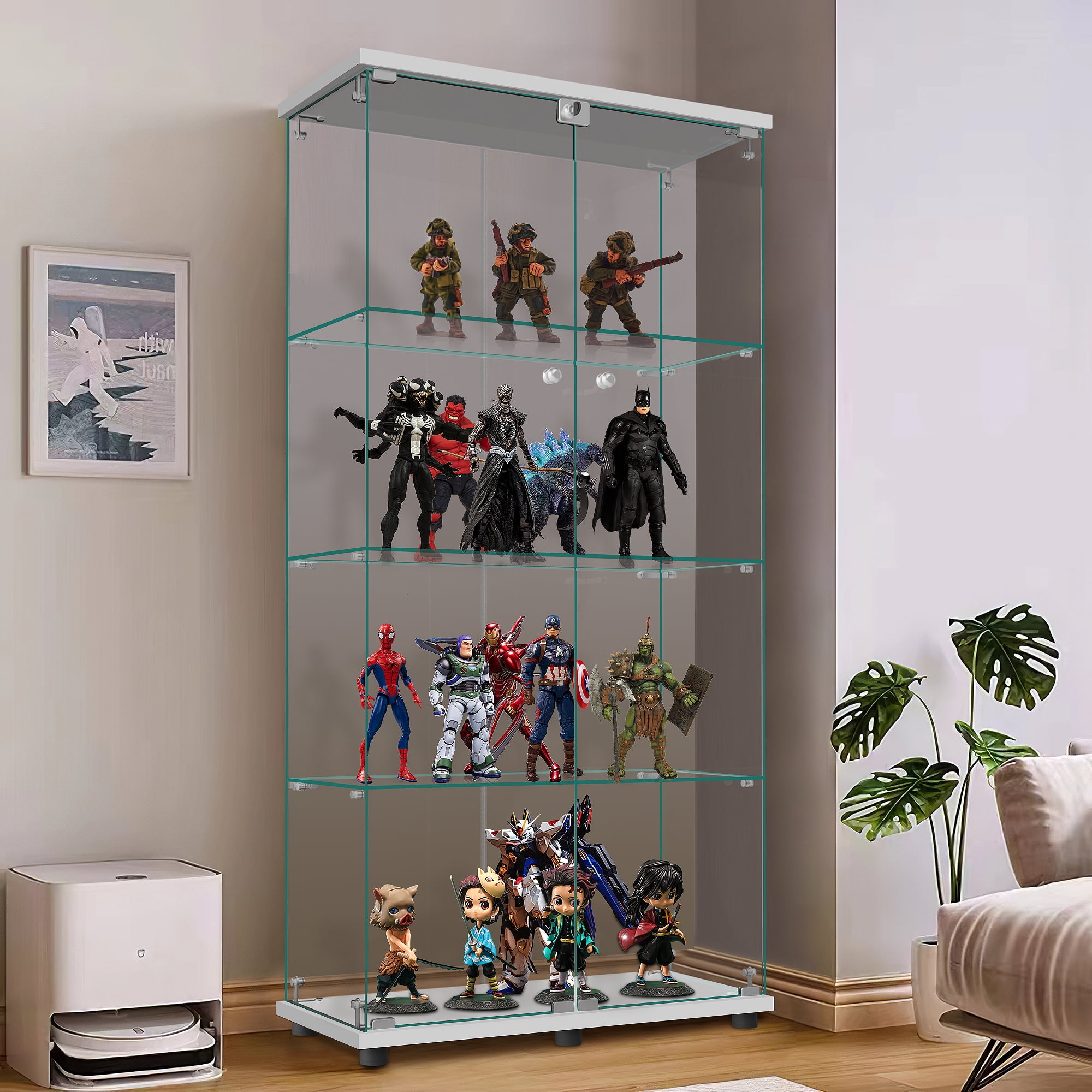 65"x32"Glass Display Cabinet Bookcase Glass Frame Bookshelf White Double door