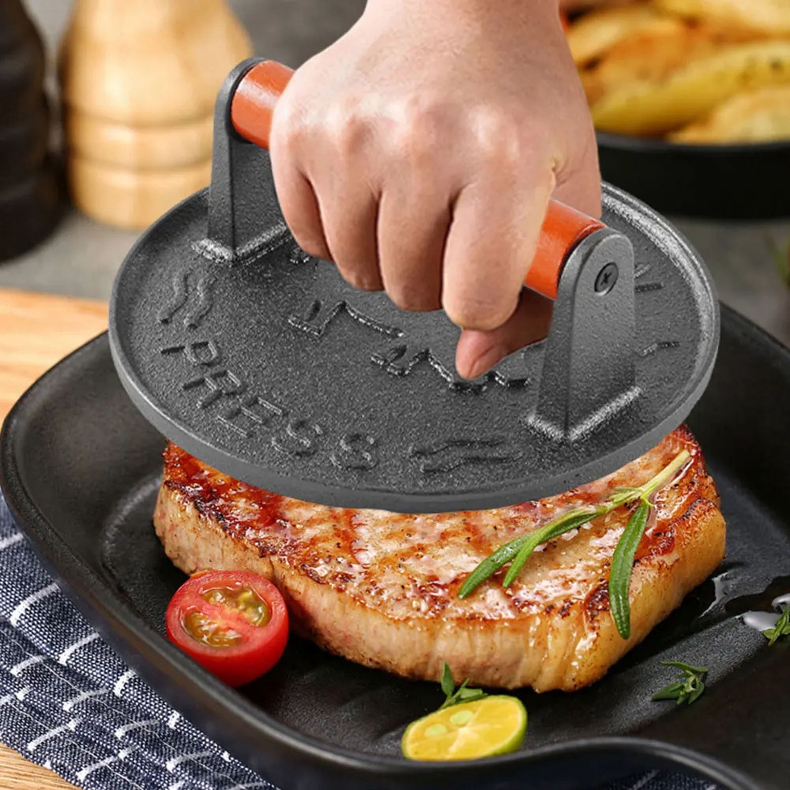 Wmkox8yii Burger Press 7.08" Round,Heavy-Duty Cast Iron Burger Press Smash Meat Steak With Wood Handle,for Blackstone Camp,Seared Bacon,Steak & Sandwiches,Equalized Weight Distribution