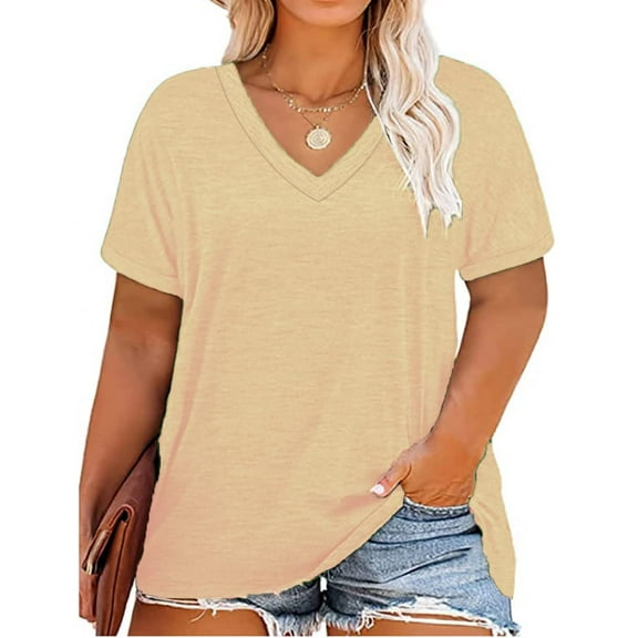 TIYOMI Plus Size Tops for Women 4X Basic Beige Shirts V Neck Short Sleeve Tunics Summer Casual Blouse Solid Color Loose Fit 4XL 24W 26W