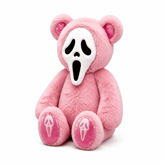 Pink Ghost Bear Plush Toy, Spooky Furry Bear Stuffed Animal with Printed and Foot Pads, Soft Sitting Halloween Plushie for Bedroom Sofa Shelf Decor and Fan Gift