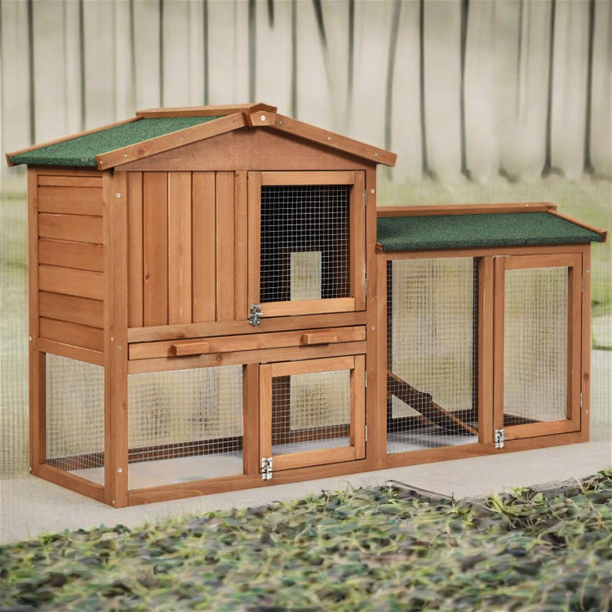 Kadyn 58" Wood Bunny Cage, 2 Layers Outdoor Rabbit Hutch, Pet Cage Chicken Coops with Run, Orange