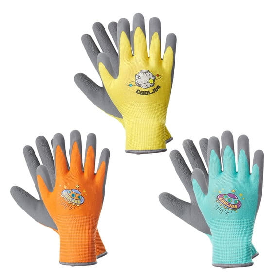 COOLJOB Kids Gardening Gloves for Age 3-5, Children Grippy Rubber Coated Garden Work Gloves, Orange & Green & Yellow, Small, 3 Pairs
