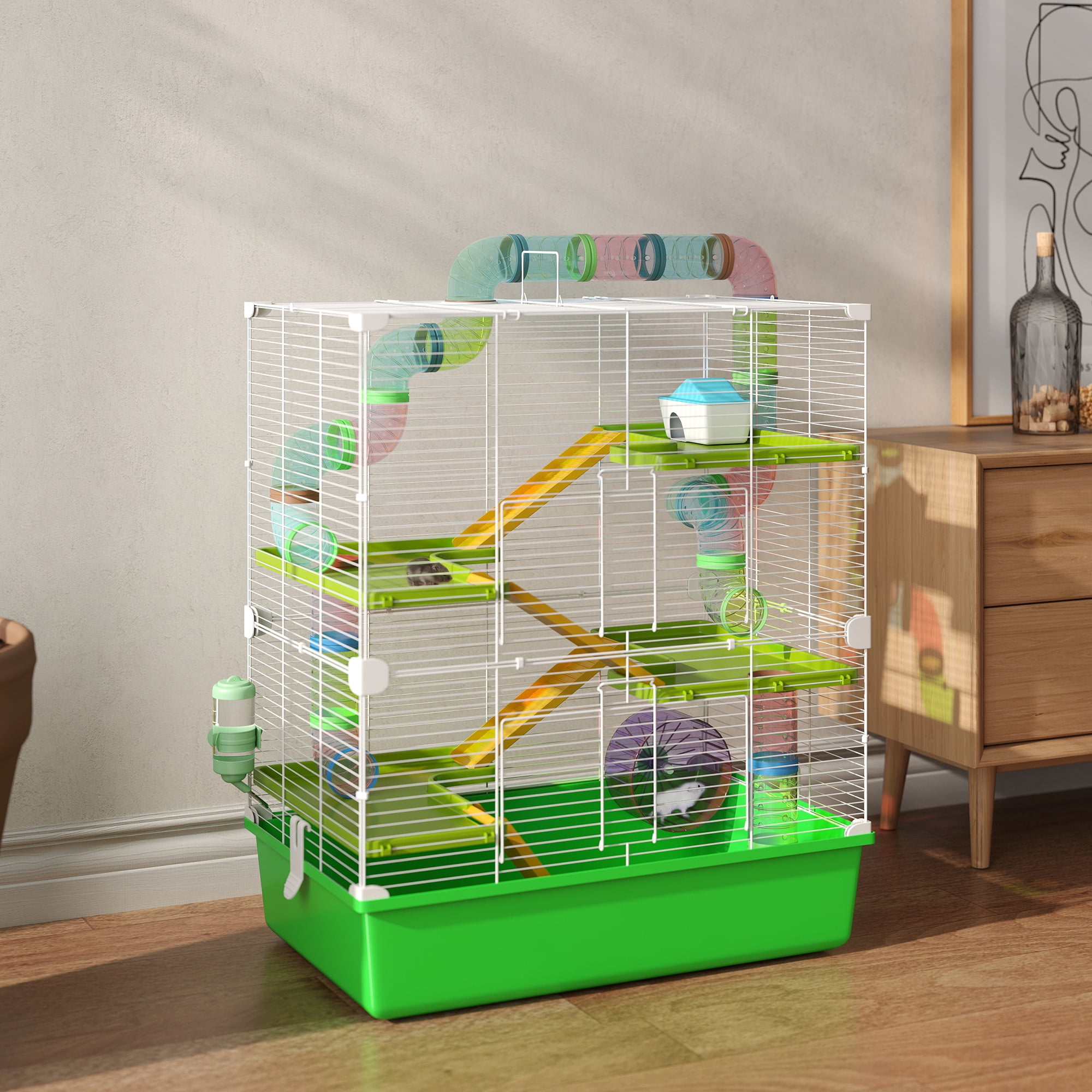 Extra Large 23" Hamster Cage with Tubes and Tunnels, Portable Carry Handles, Rat House and Habitats Big 5-Tier Design, Mouse Cage Includes Exercise Wheel, Water Bottle, Food Dish, Green