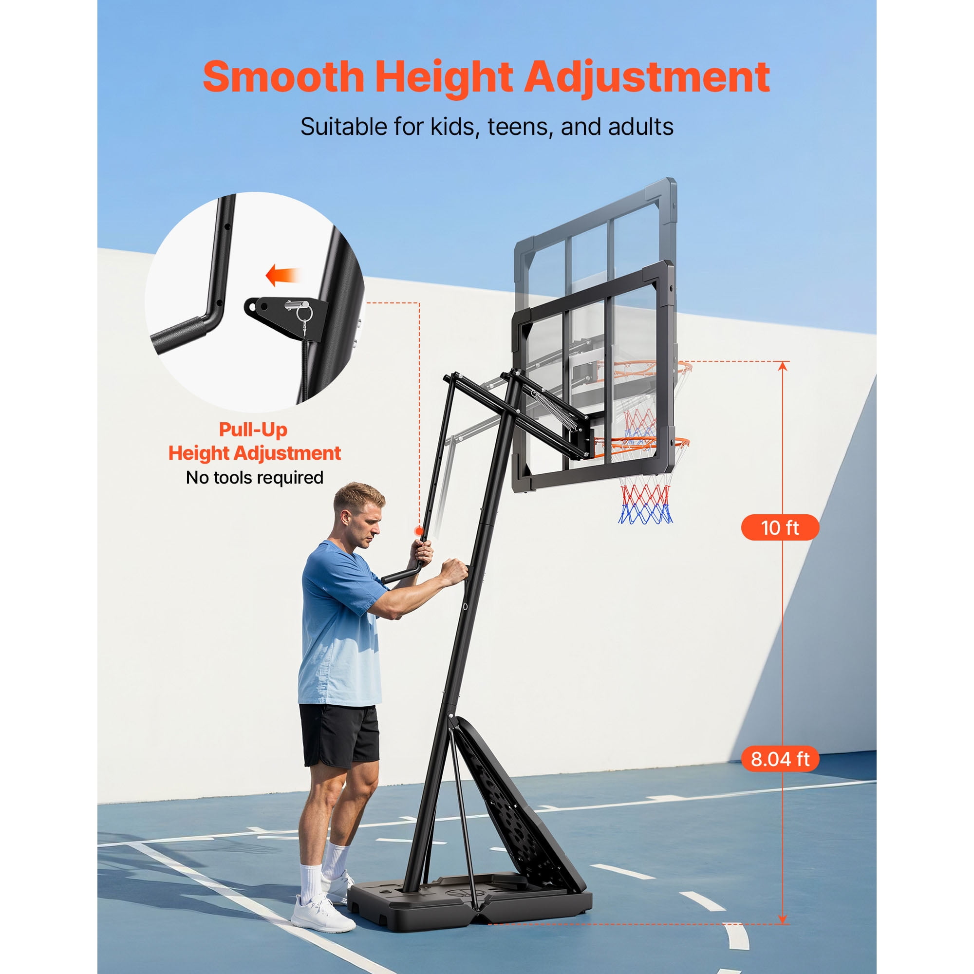 KFFKFF Portable Basketball Hoop with Adjustable Height (8.04 to 10 ft), 44-Inch PC Backboard for Indoor and Outdoor Play, Suitable for Kids and Adults in Schools, Parks, and Home Settings